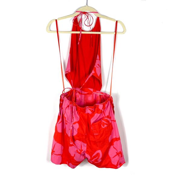 Staud Georgia Floral‎ Romper Red Pink Halter Cutout Open Back Sleeveless Sz 10 - Picture 11 of 14